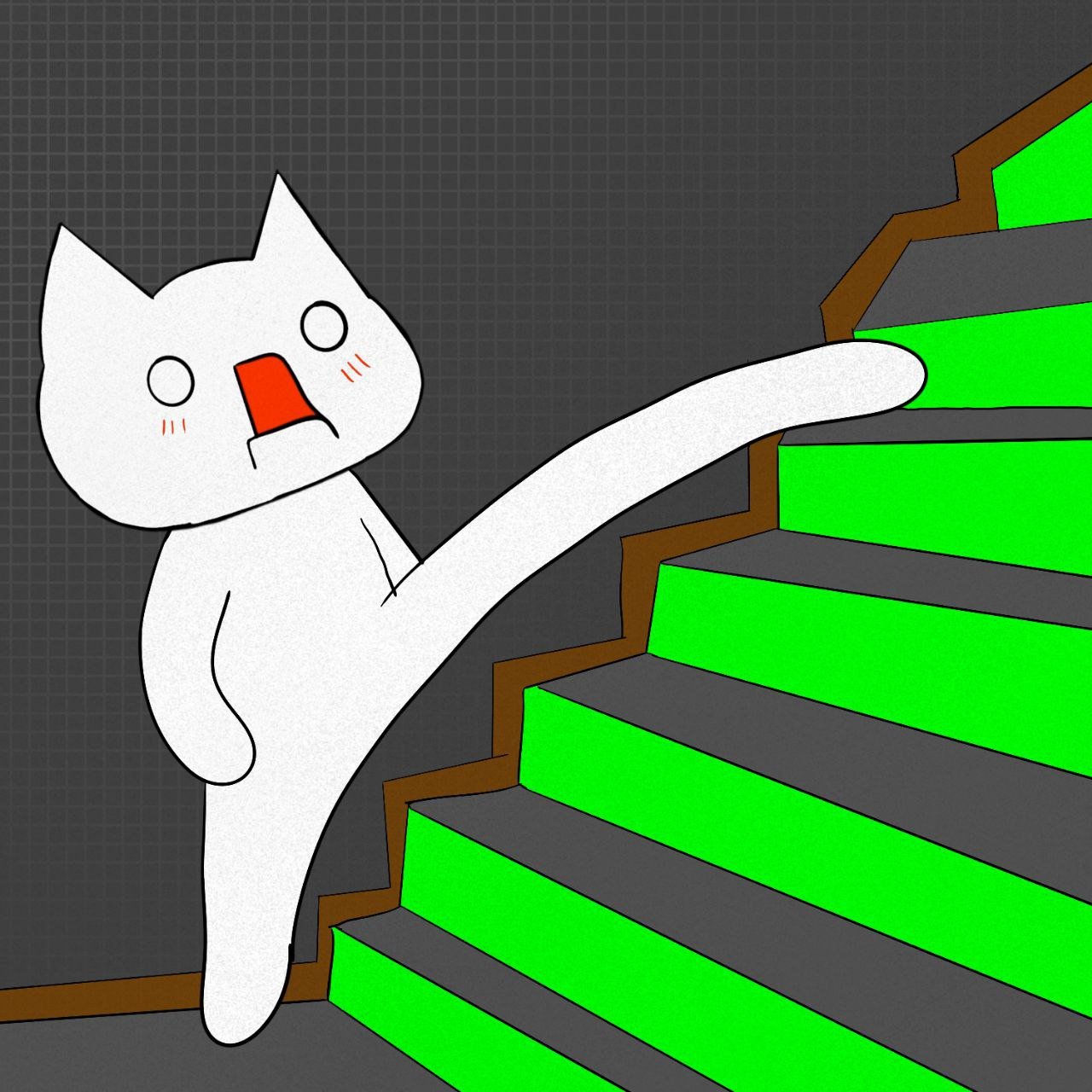 Giko climbing stairs